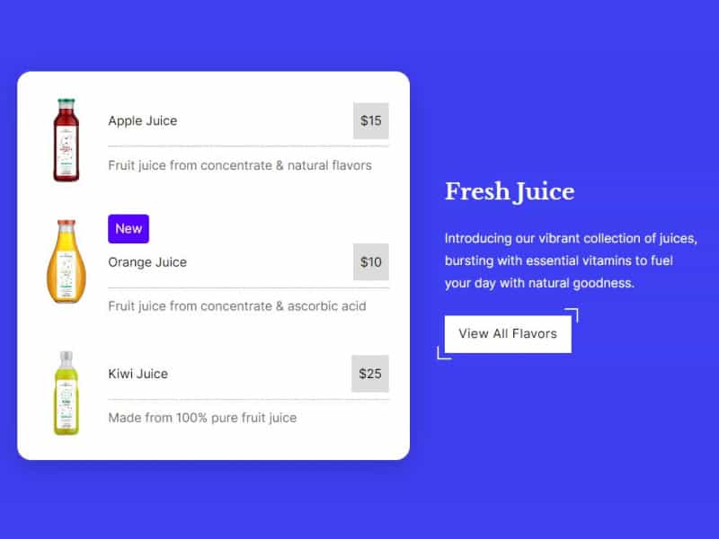 Price List in a Content Box with the Products